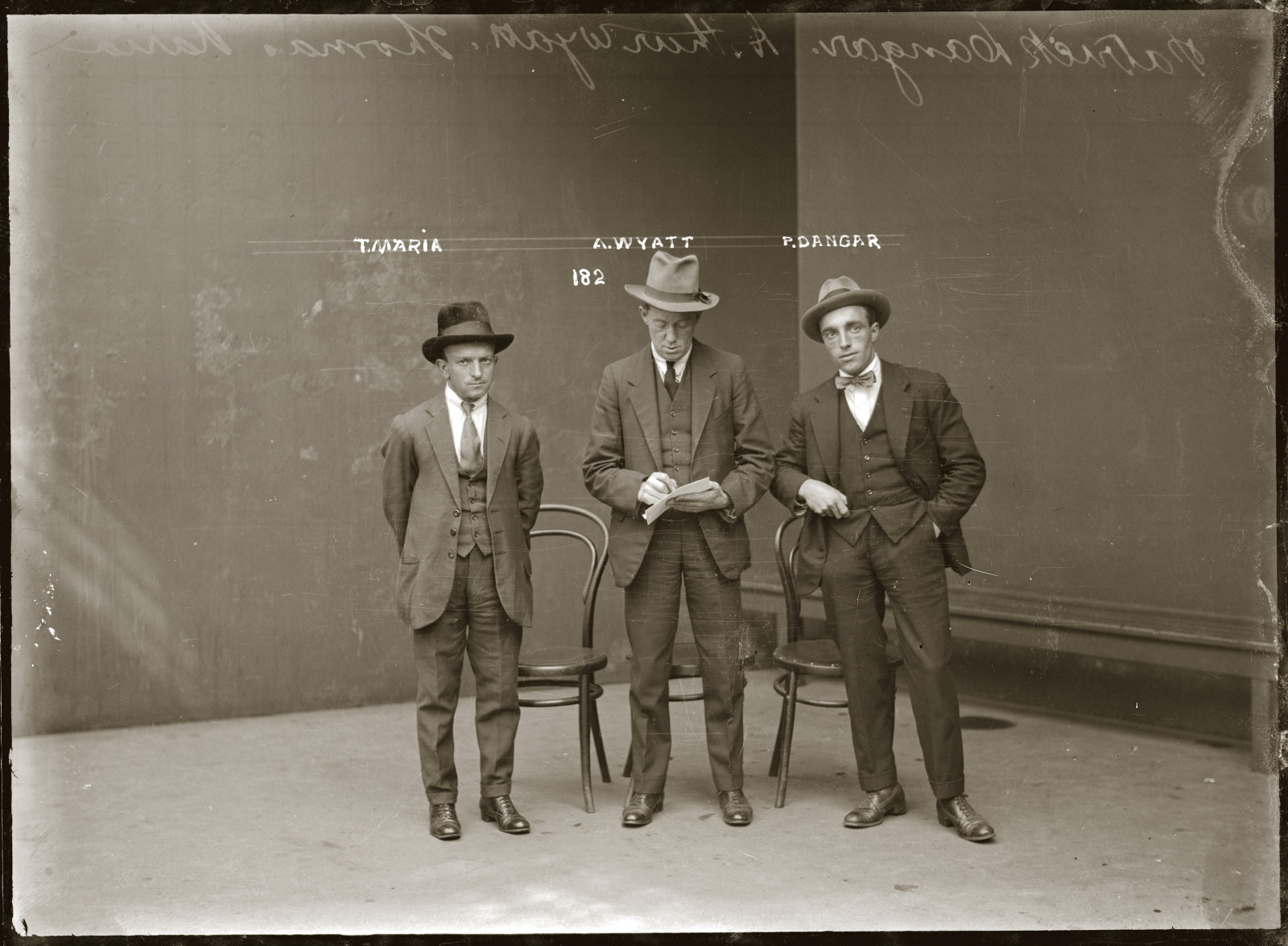 Mugshot of Thomas Maria, Arthur Wyatt, and Patrick Dangar (alias Brosnan), Central Police Station, ca. 1920. 
