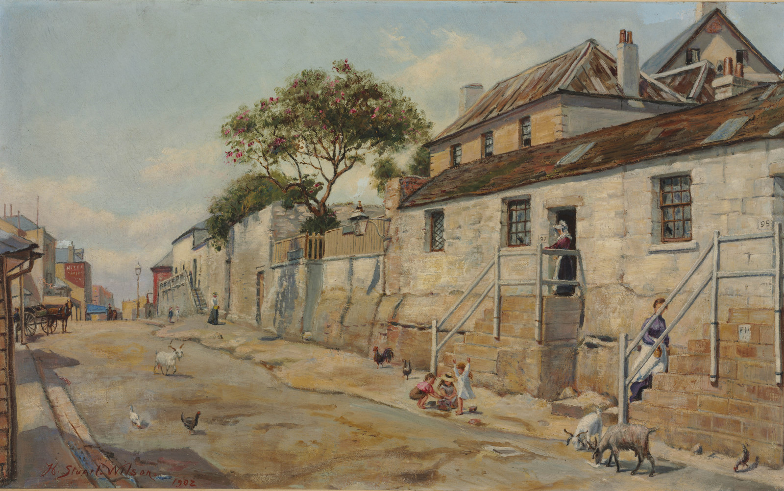 Painting of street scene showing row of cottages on sandstone base above the street with timber steps to their front doors. Women sit on the front steps and goats meander the street.