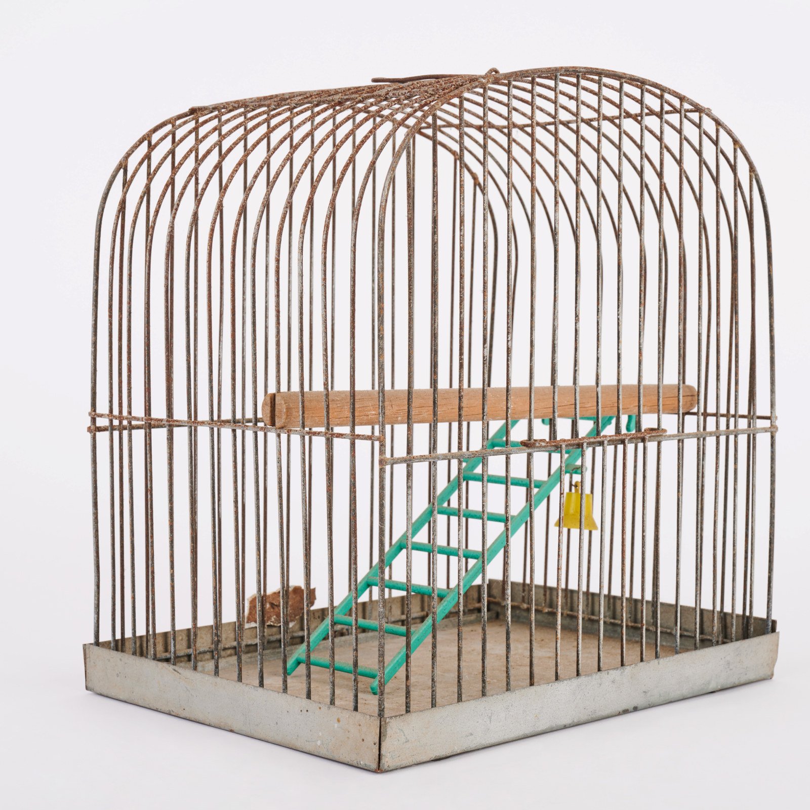 Birdcage, maker unknown, circa 1950s, metal, wire, plastic and organic material