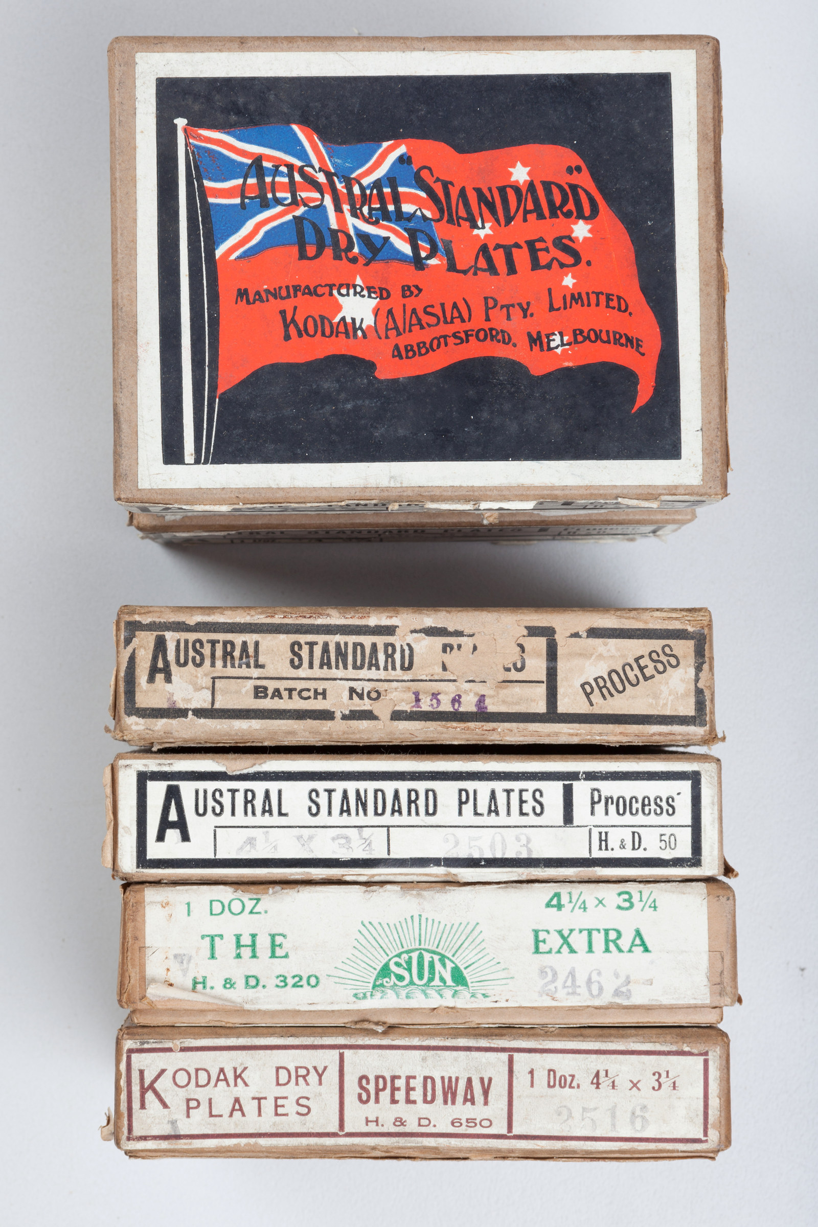 Original boxes of Austral and Kodak brand glass plates, 3.25 x 4.25 inches in size