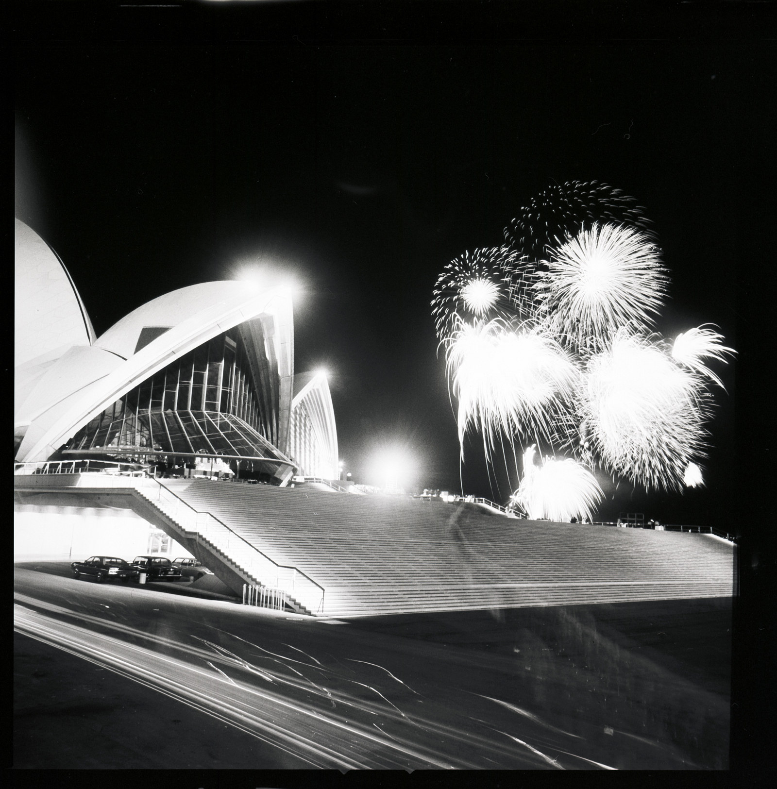 Fireworks above the Opera House on the night of the official opening, before the commencement of the opening concert. October 20th 1973.