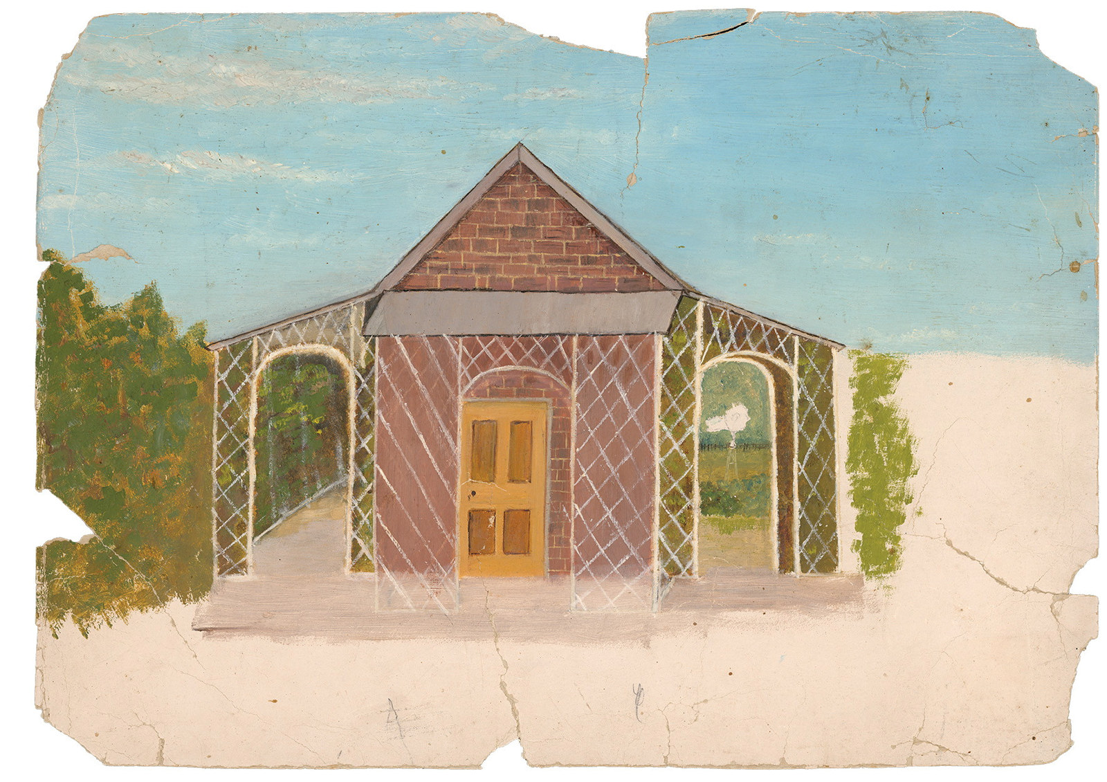 Watercolour on board, elevation of Rouse Hill bath house depicting trellis work and arches