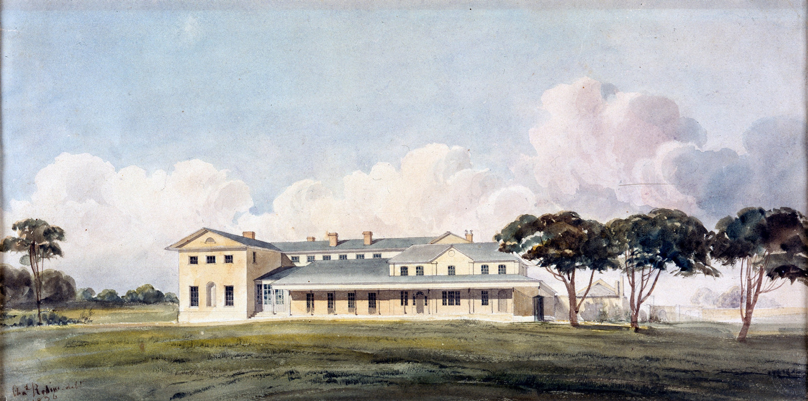 Watercolour of colonial era building in landscape.