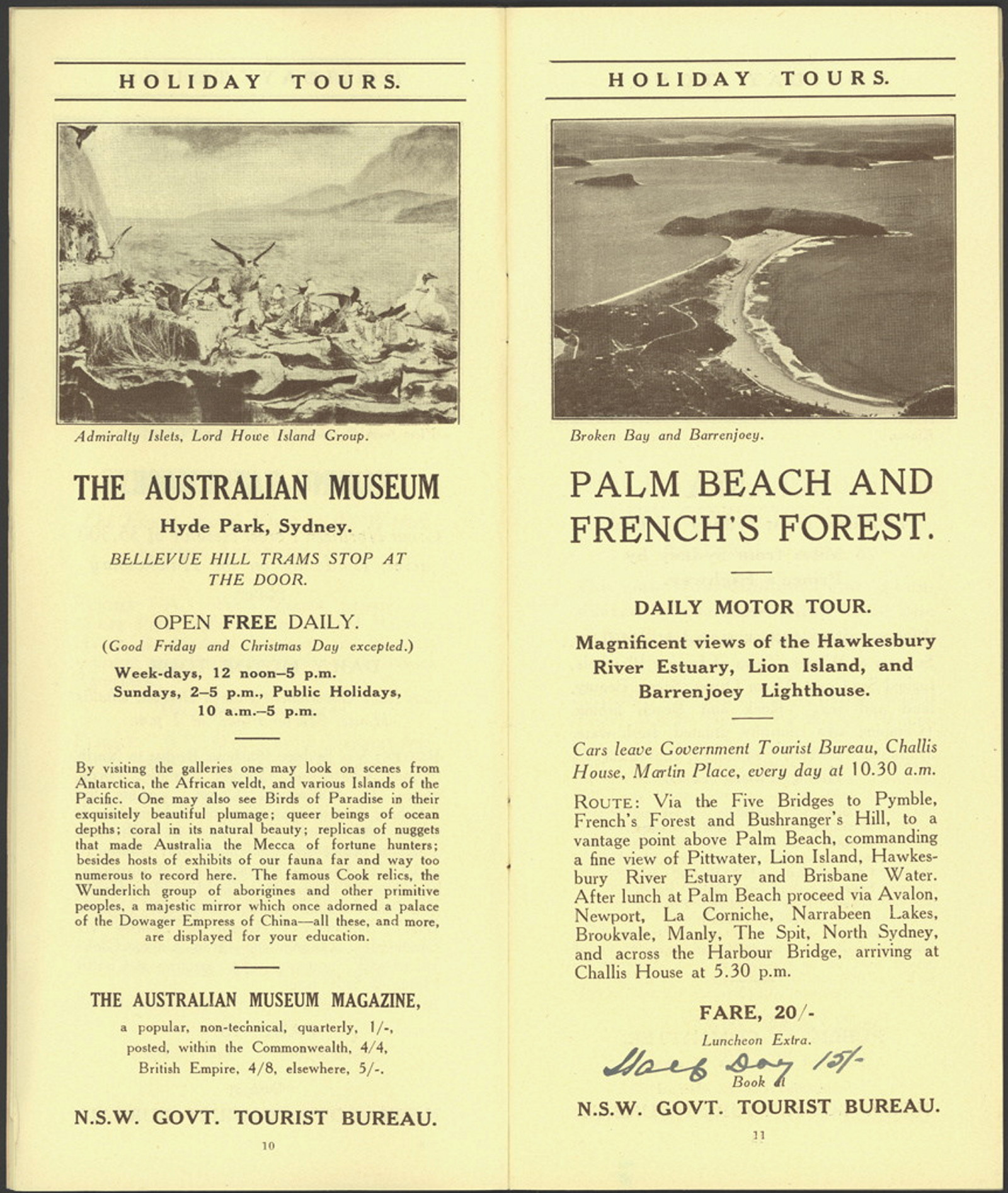 Pages 10 - The Australian Museum. Page 11 - Palm Beach and French's Forest. Daily Motor Tour. Magnificent views of the Hawkesbury, Lion Island, and Barrenjoey Lighthouse. Photo of Broken Bay and Barrenjoey. Digital ID 16410_a111_11a_000022_p10-11