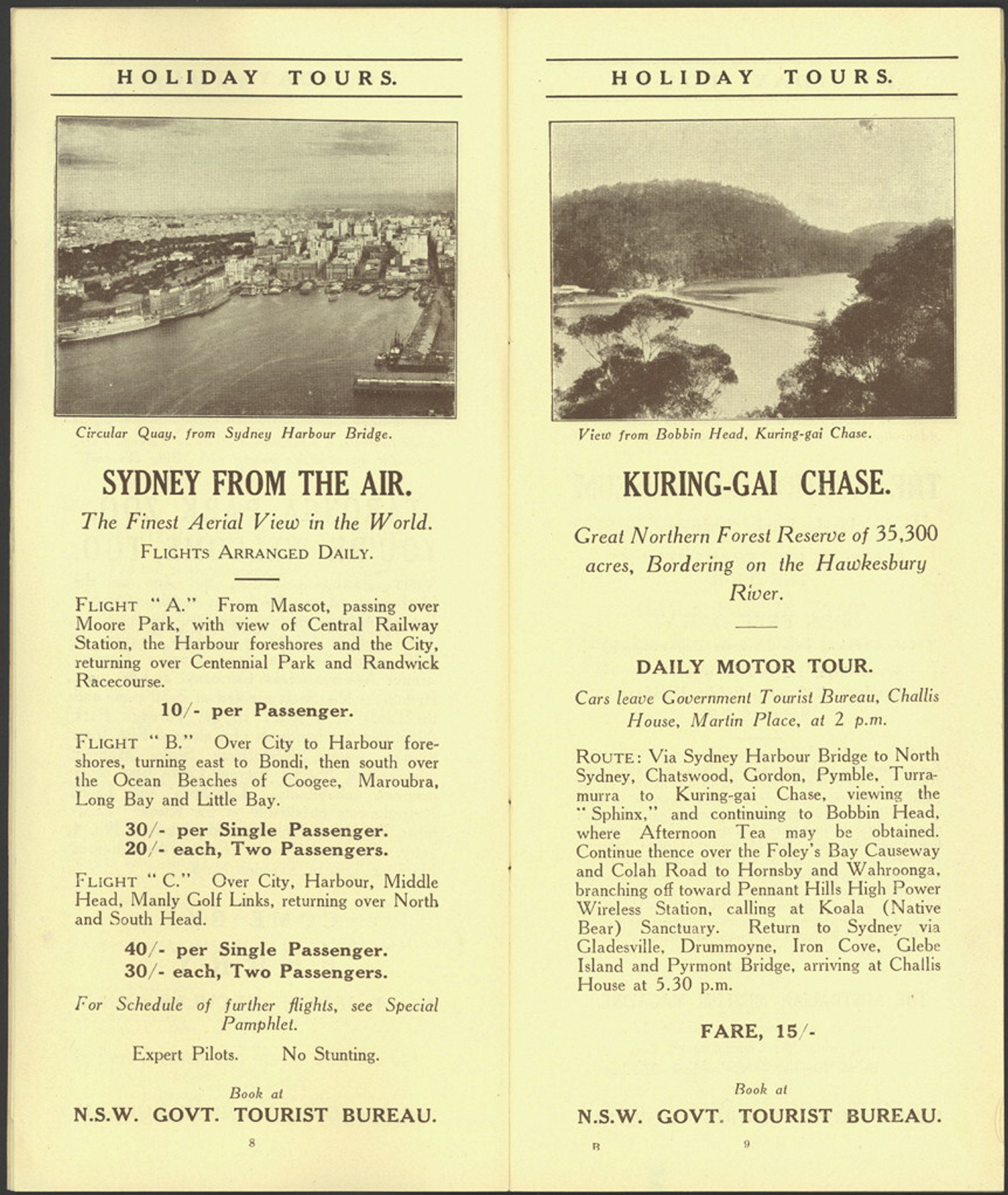 Pages 8 - Sydney from the air, finest aerial view in the world. Circular Quay from SHB. Page 9 - Kuring-Gai Chase, great northern forest of 35,000 acres, bordering on Hawkesbury River. View from Bobbin Head, Kuring-gai Chase. ID 16410_a111_11a_000022_p8-9