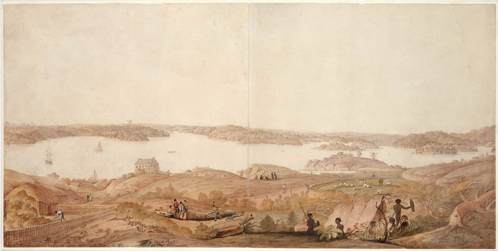 View of bay with Aboriginal people in foreground and a distant view of buildings along shore.
