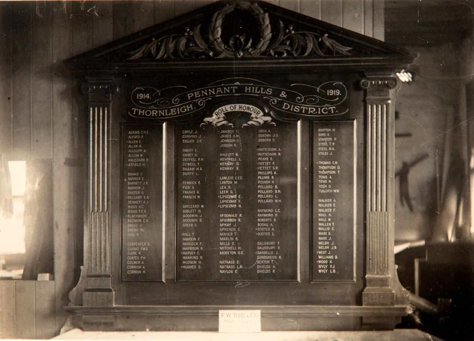Photograph for Roll of Honour 1914-1918 for Pennant Hills & Thornleigh District designed by F.W. Tod & Co.