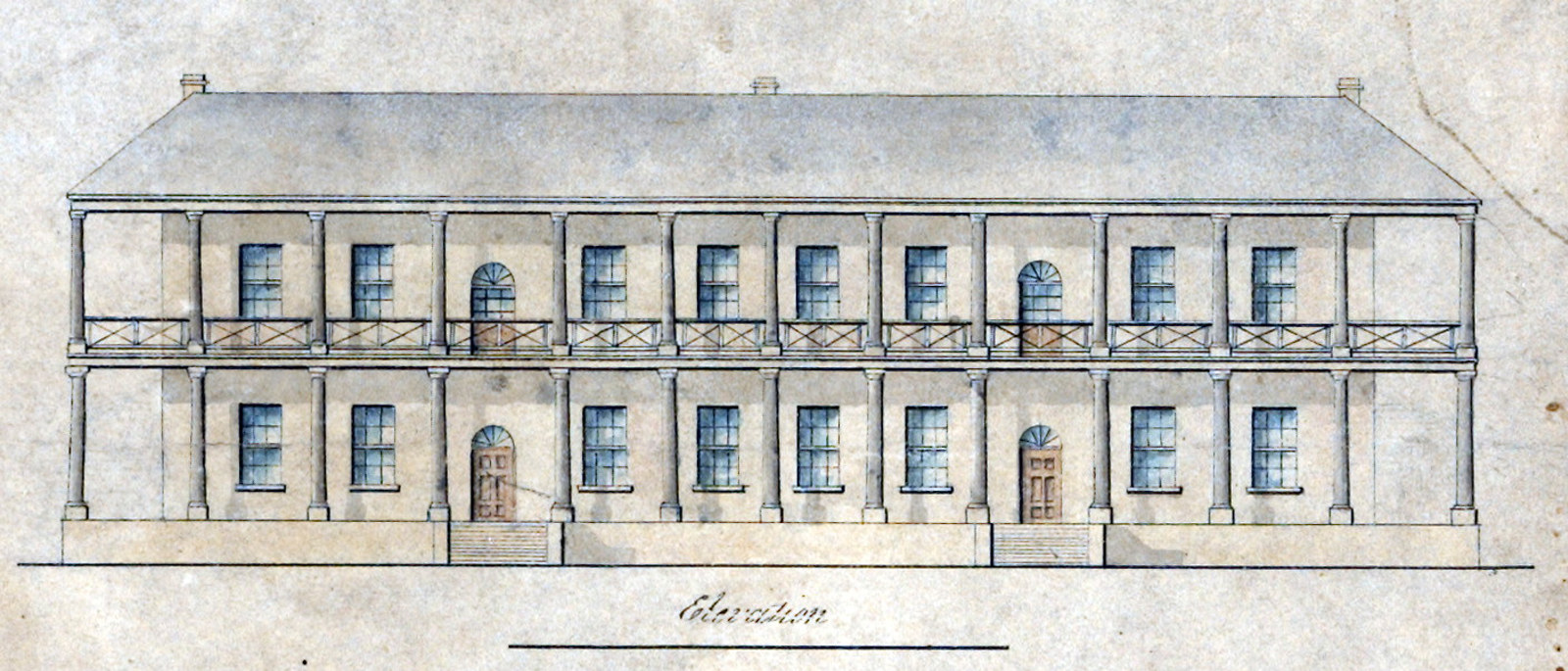 Hand coloured front elevation of the south wing.