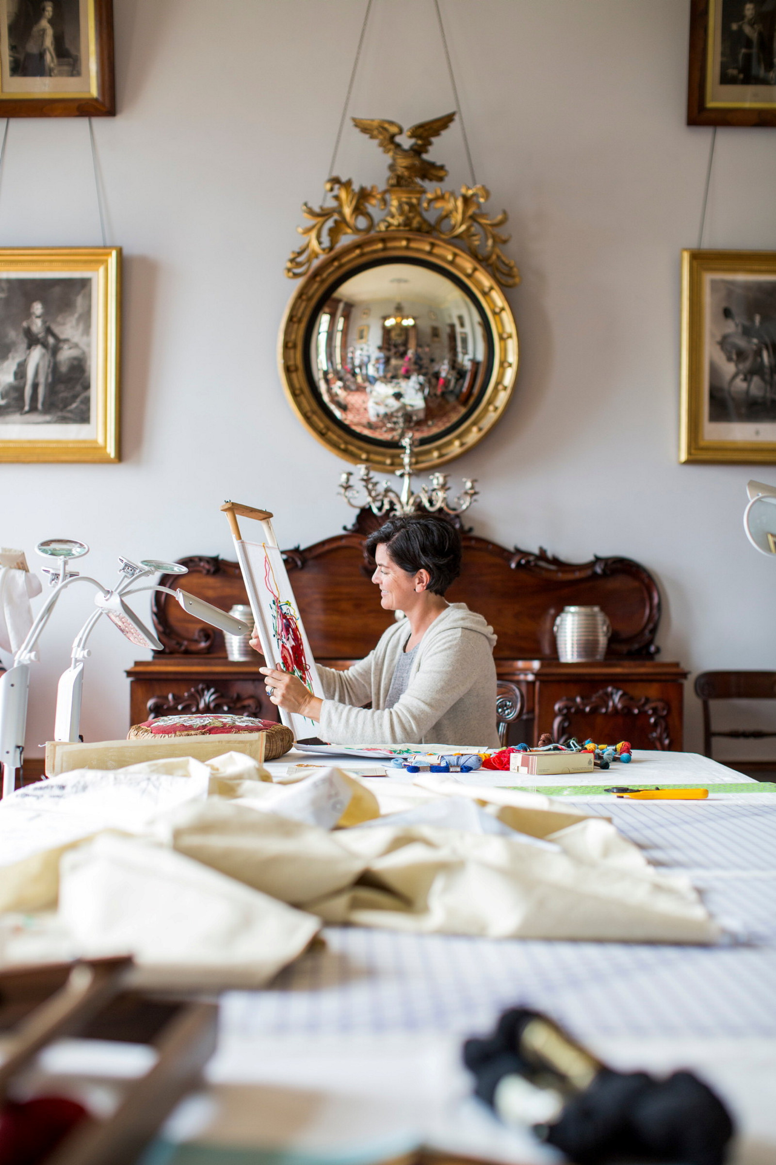 Henrietta Cheshire stitching a Berlin wool work sample from an original 1840’s pattern held in the Vaucluse House collection 