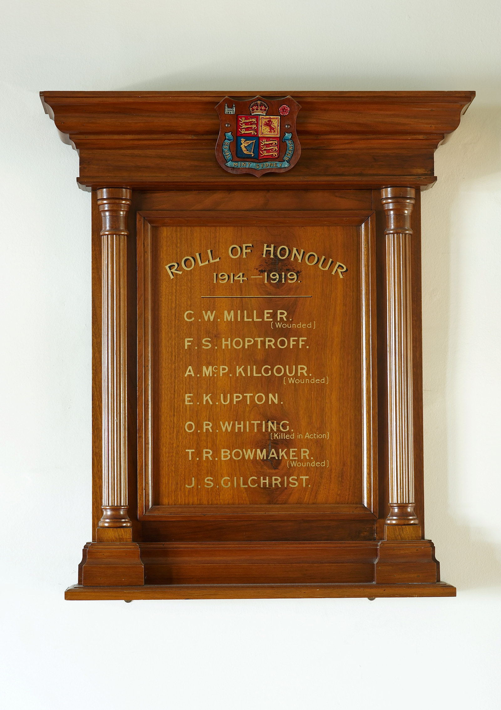 Roll of Honour for staff of the Royal Mint, Sydney, who served in World War I, hanging outside the boardroom at the Mint, 1914 - 1919