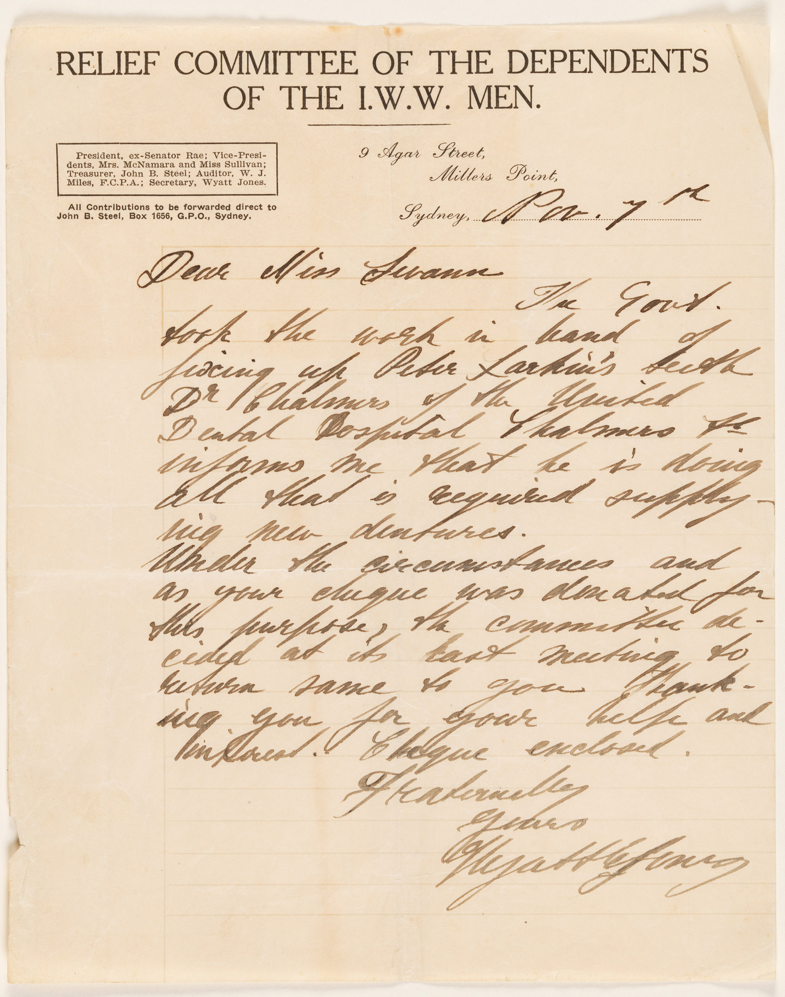 Letter to Isabel Swann from the Secretary of the Relief Committee of the Dependents of the I.W.W. Men