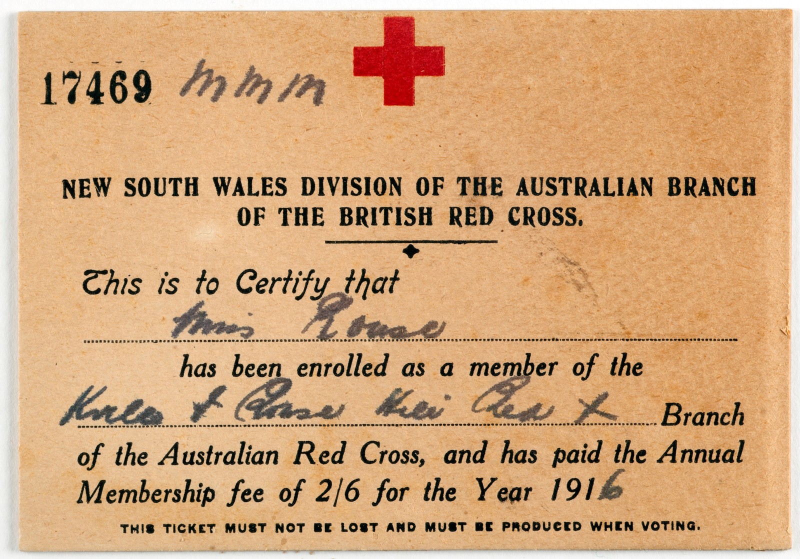 Membership ticket issued to Mrs Rouse by the  Australian branch of the British Red Cross, 1916