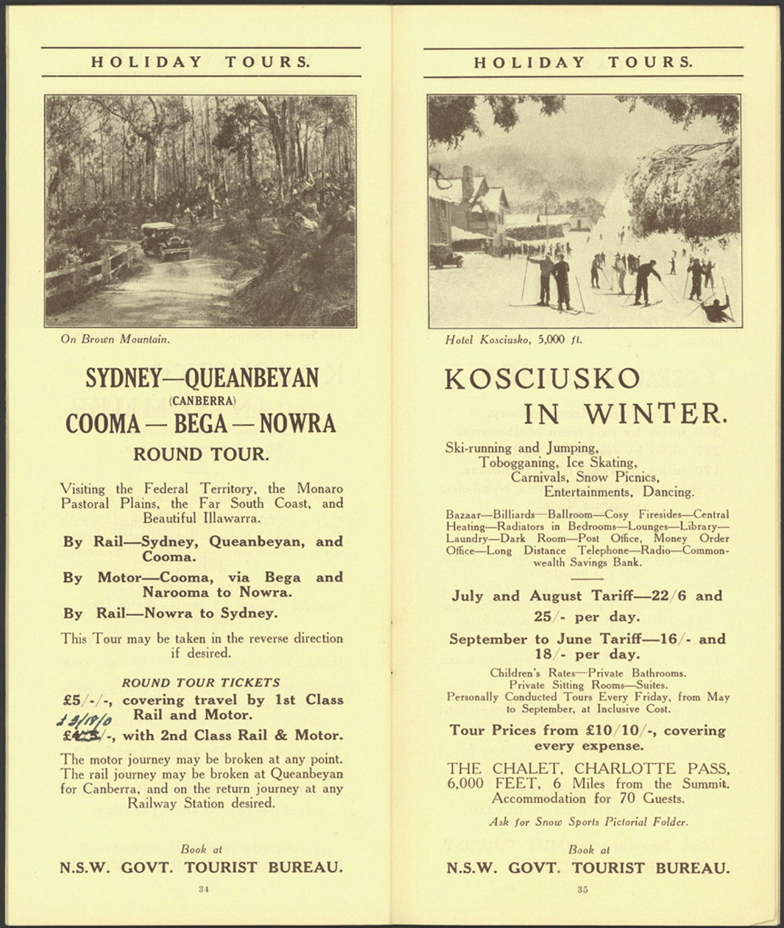 Page 34 - Sydney to Queanbeyan & Cooma to Bega & Nowra round tour. Photo on Brown Mountain. Page 35 - Kosciusko in winter. Ski-running and jumping, tobogganing, ice skating, carnivals, snow picnics, entertainments, dancing. ID 16410_a111_11a_000022_p34-35