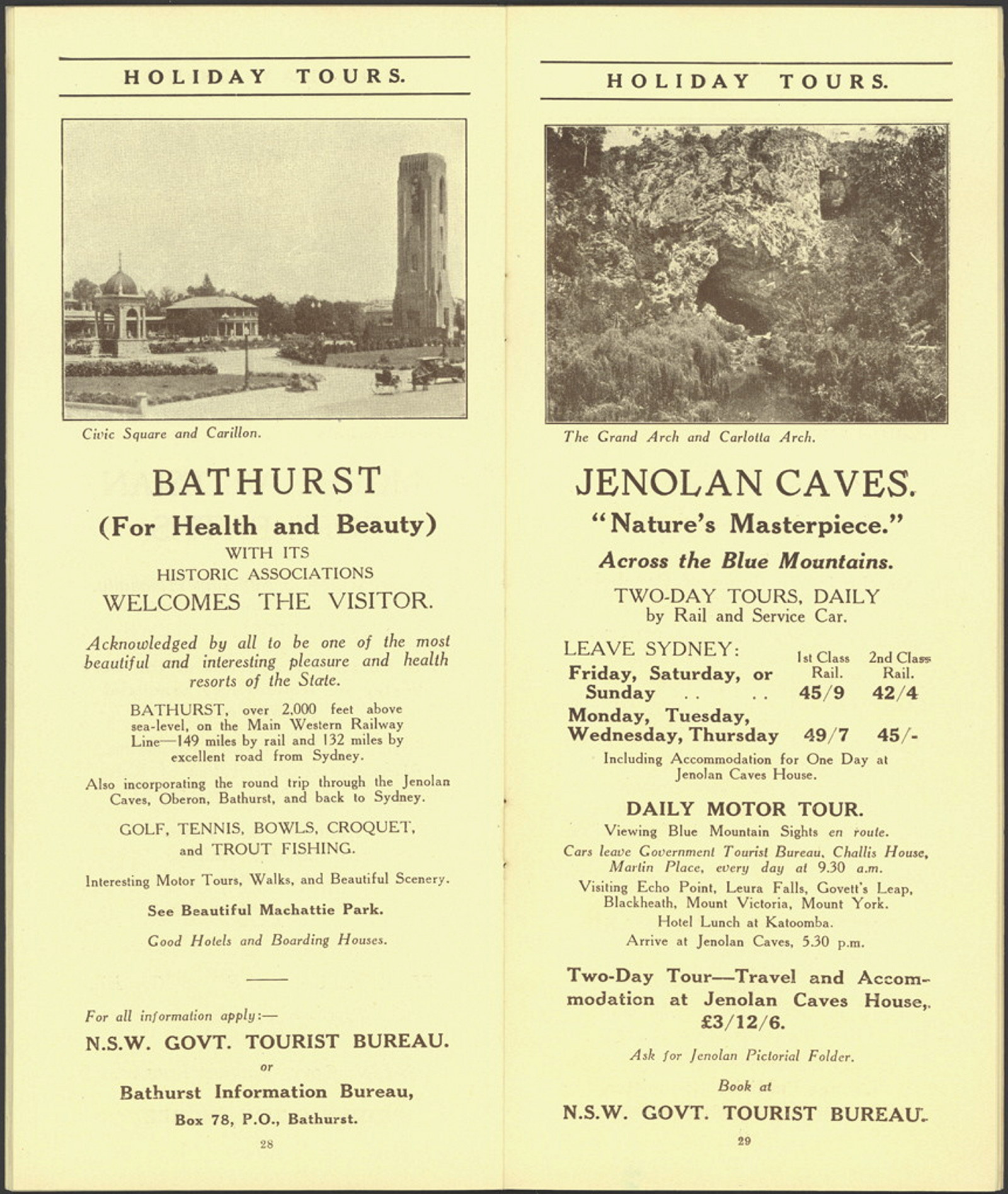 Page 28 - Bathurst, for health and beauty. Photo of Civic Square and Carillon. Page 29 - Jenolan Caves, nature's masterpiece. Photo of The Grand Arch and Carlotta Arch. Digital ID 16410_a111_11a_000022_p28-29