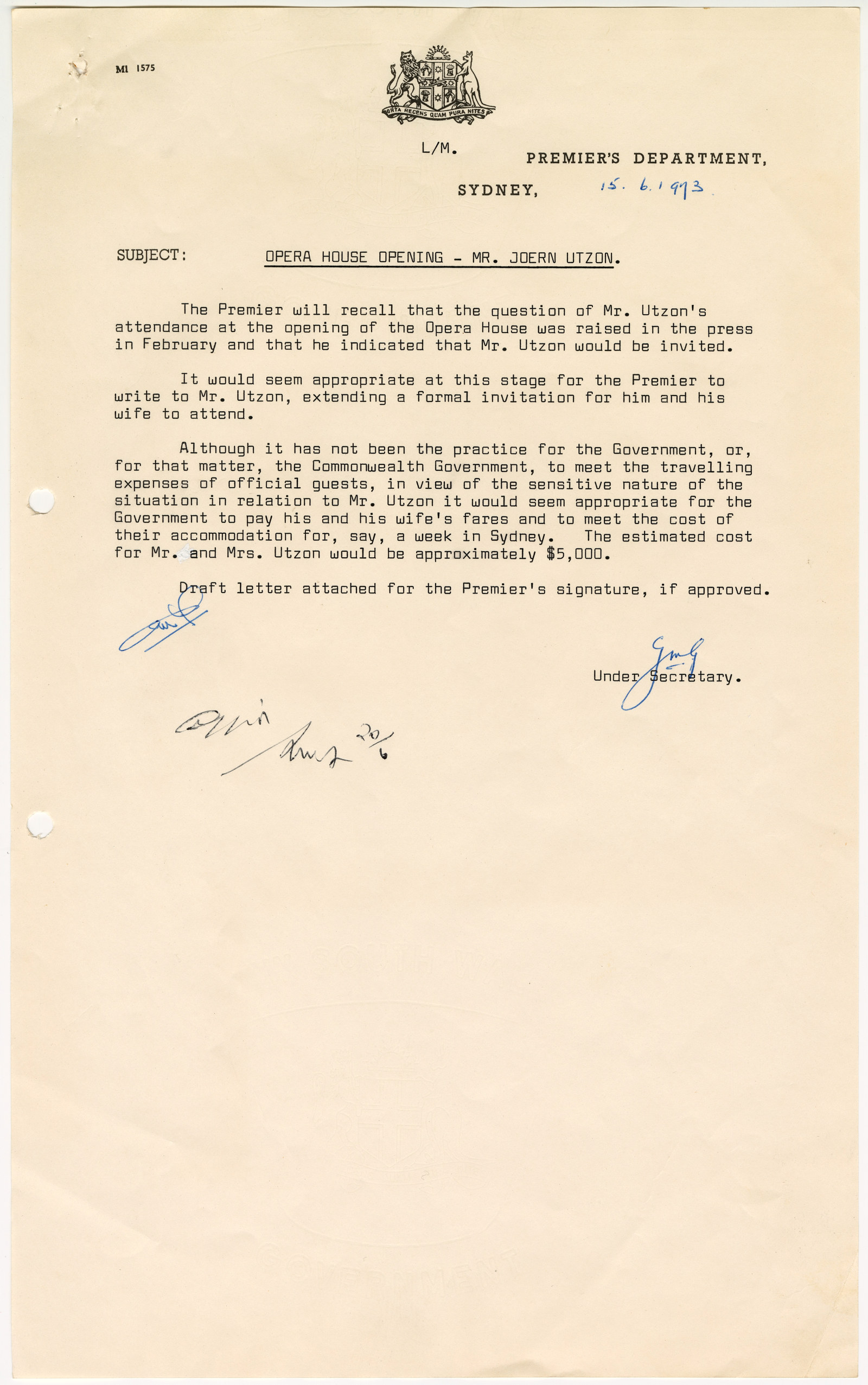 Memo dated 15 June, 1973, from Under Secrerary Sir George Gray to Premier Askin regarding an invitation for Jørn and Lis Utzon to attend the Sydney Opera House opening. NRS-12092-52-10-72_1214_001_1 - Utzon p1