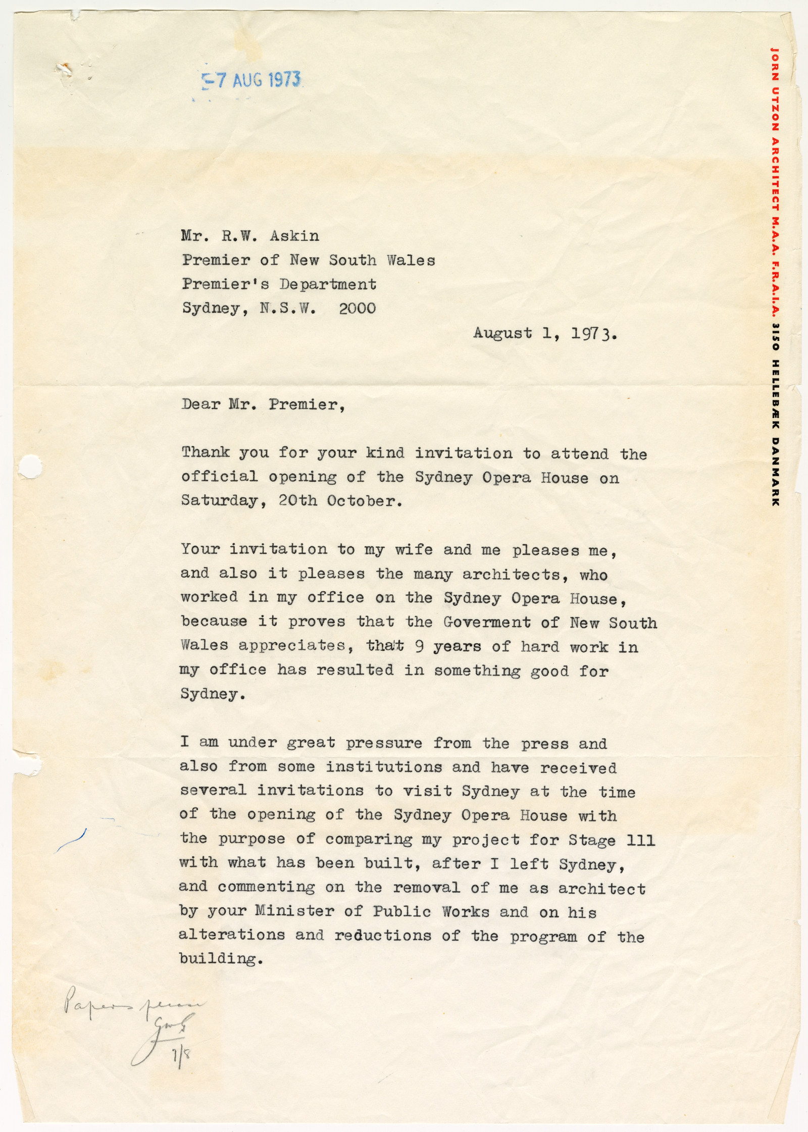 1st page of a letter dated 1st August, 1973, from Jørn Utzon to Premier Askin, declining an invitation for he and his wife Lis to attend the opening of the Sydney Opera House. NRS-12092-52-10-72_1214_001_1 - Premier p1