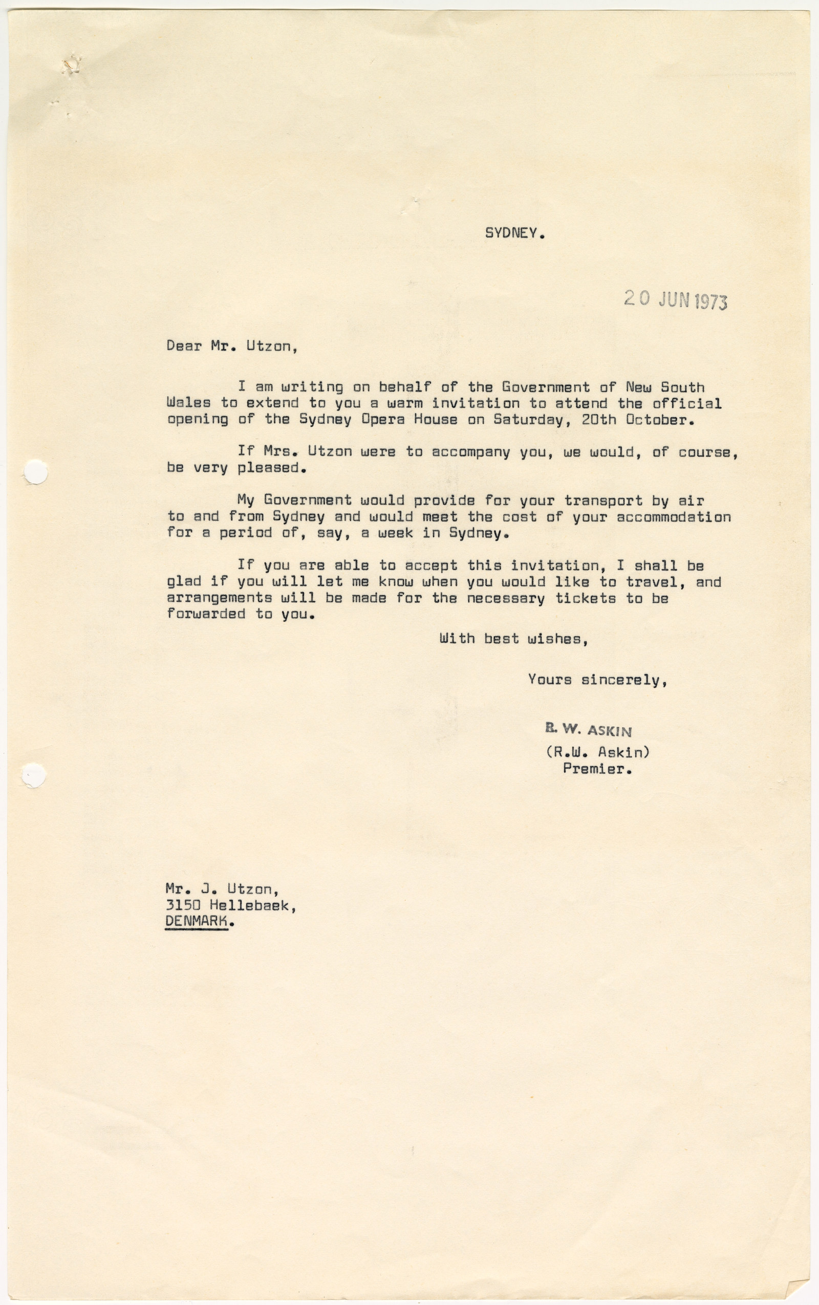 Copy of letter dated 20 June, 1973, from Premier Askin inviting Jørn and Lis Utzon to the opening of the Sydney Opera House. NRS-12092-52-10-72_1214_001_1 - Utzon p2