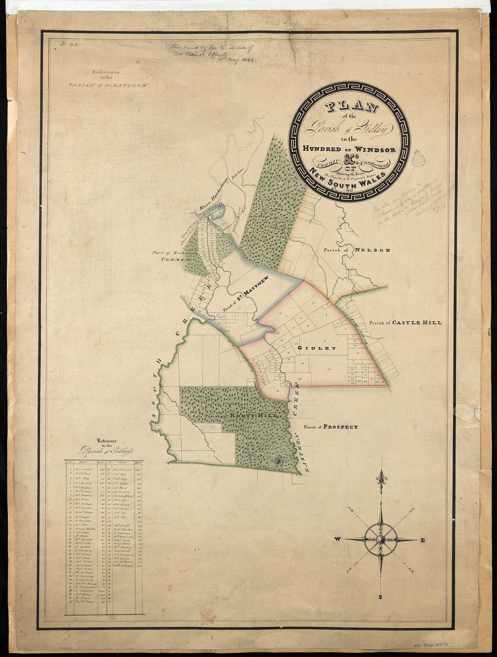 P L Bemi, Plan of the Parish of Gidley in the Hundred of Windsor &c. County of Cumberland Shewing the Lands The Property of R. Fitzgerald Esquire New South Wales 1822