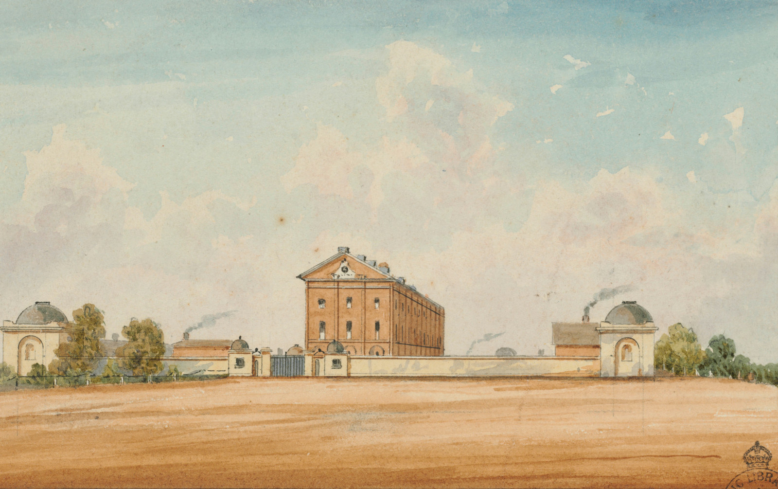 Water colour of the Hyde Park barracks showing front wall and gates. Smoke can be seen coming out of chimneys on either side of the 3 story brick barracks building.
