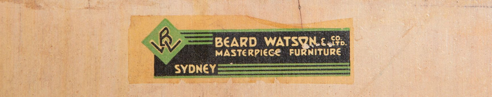 Maker's label on corner cupboard and bookshelf, Beard Watson & Co Ltd, Sydney, circa 1939; used to furnish an apartment at Seven Elizabeth Street, Sydney