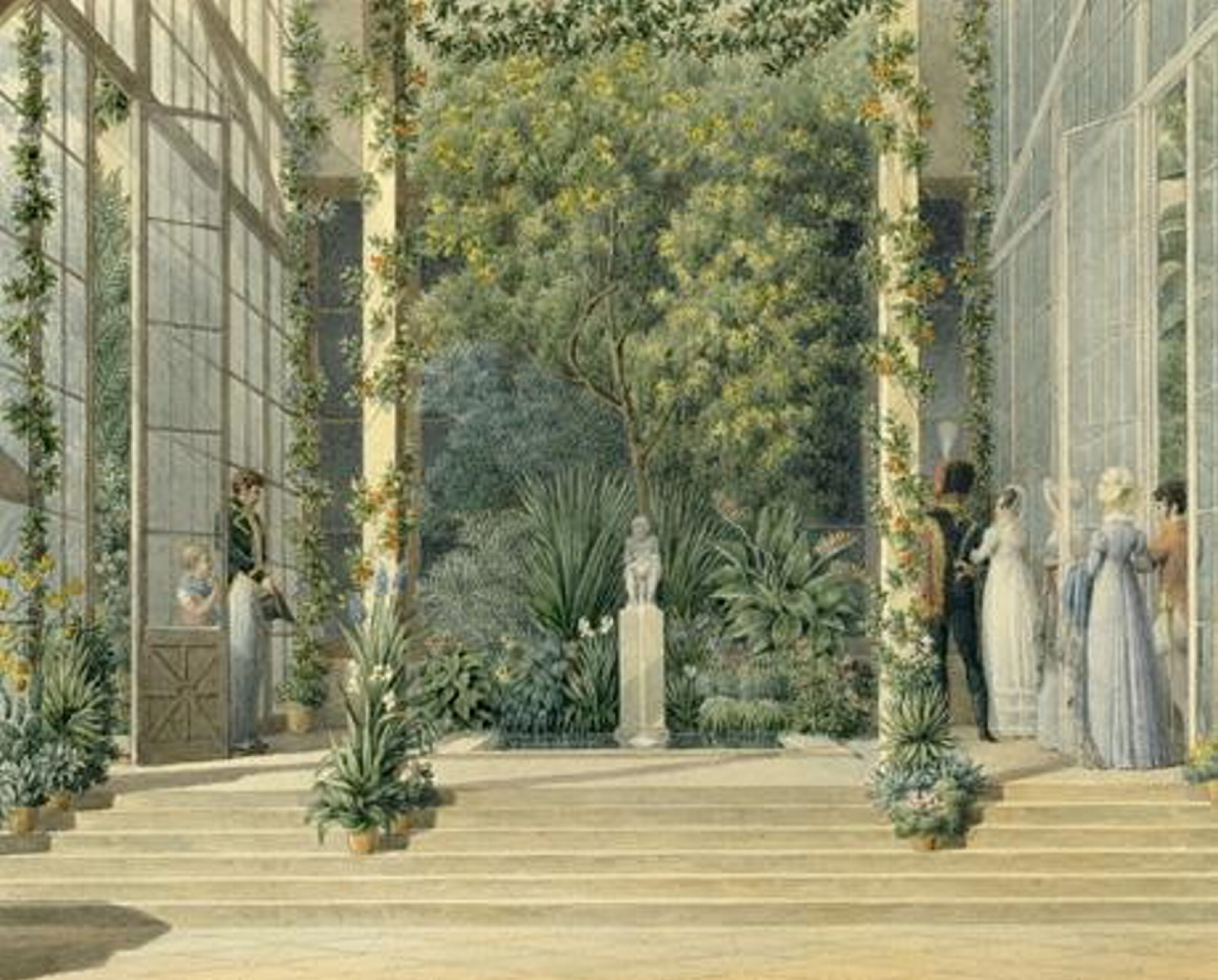 image of people in a large greenhouse at Malmaison filled with large plants and various potted plants.