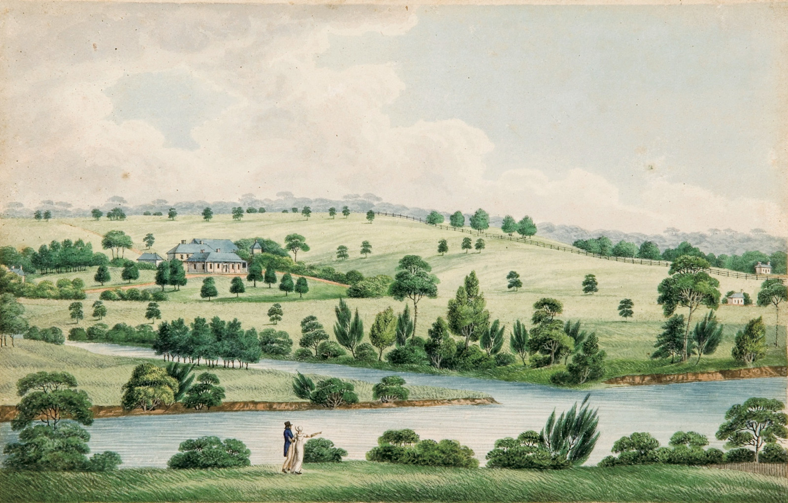 Landscape showing farm and river in background. Aquatint, hand coloured.