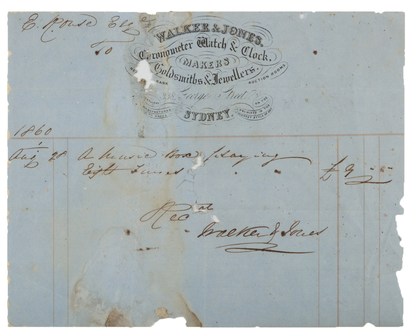 Receipt for a music box, 1860