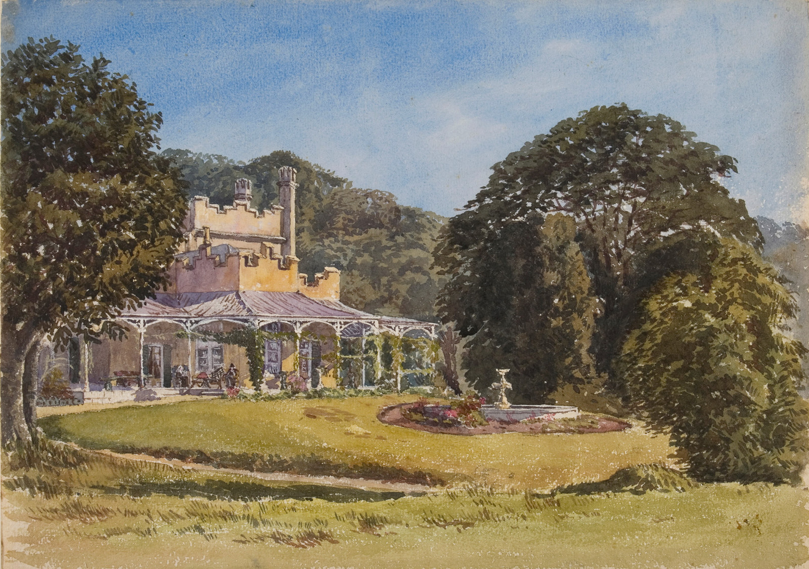 Watercolour painting of front of house and garden viewed from the north-east.