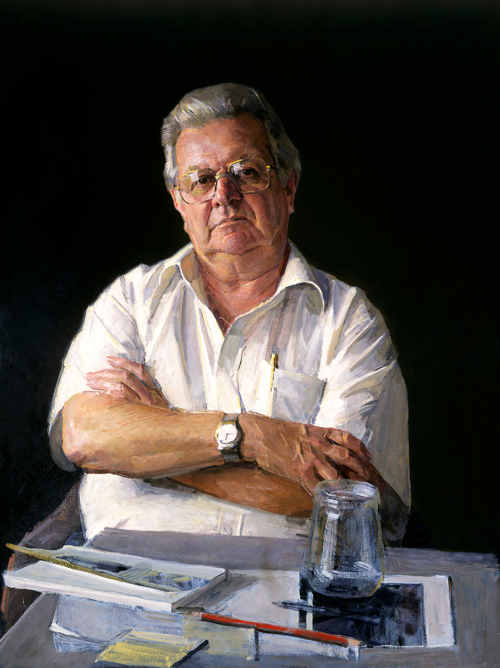 Painting of man with silver hair and glasses, in white shirt with sleeves rolled up, looking directly at painter.