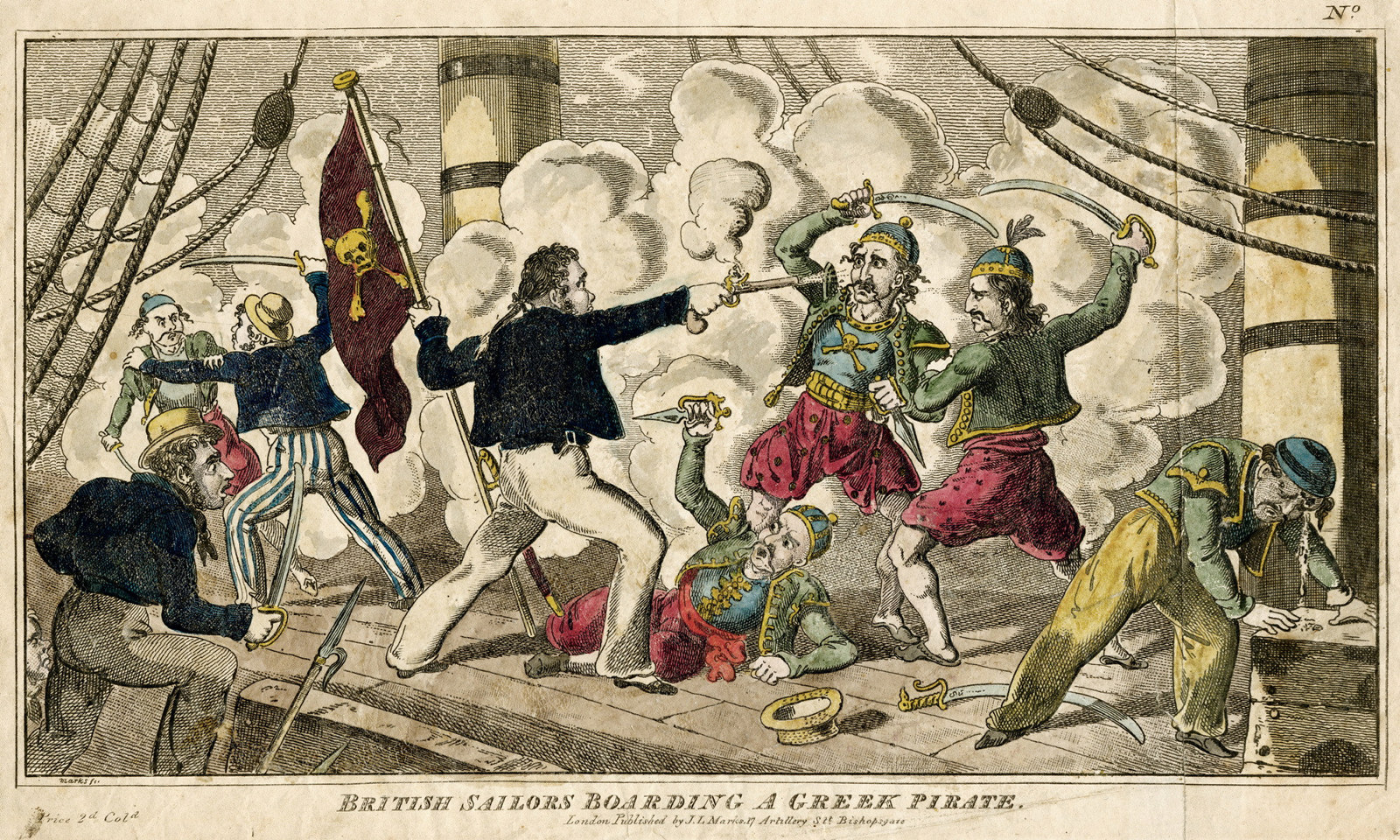 Coloured print depicting sailors fighting pirates on board ship.