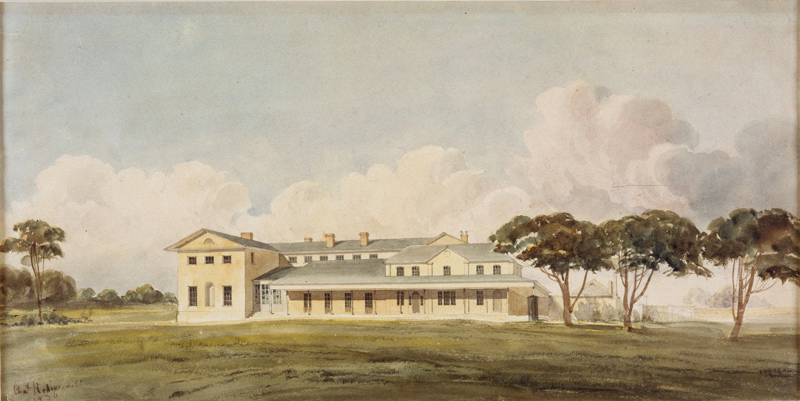 Painting of colonial era building.