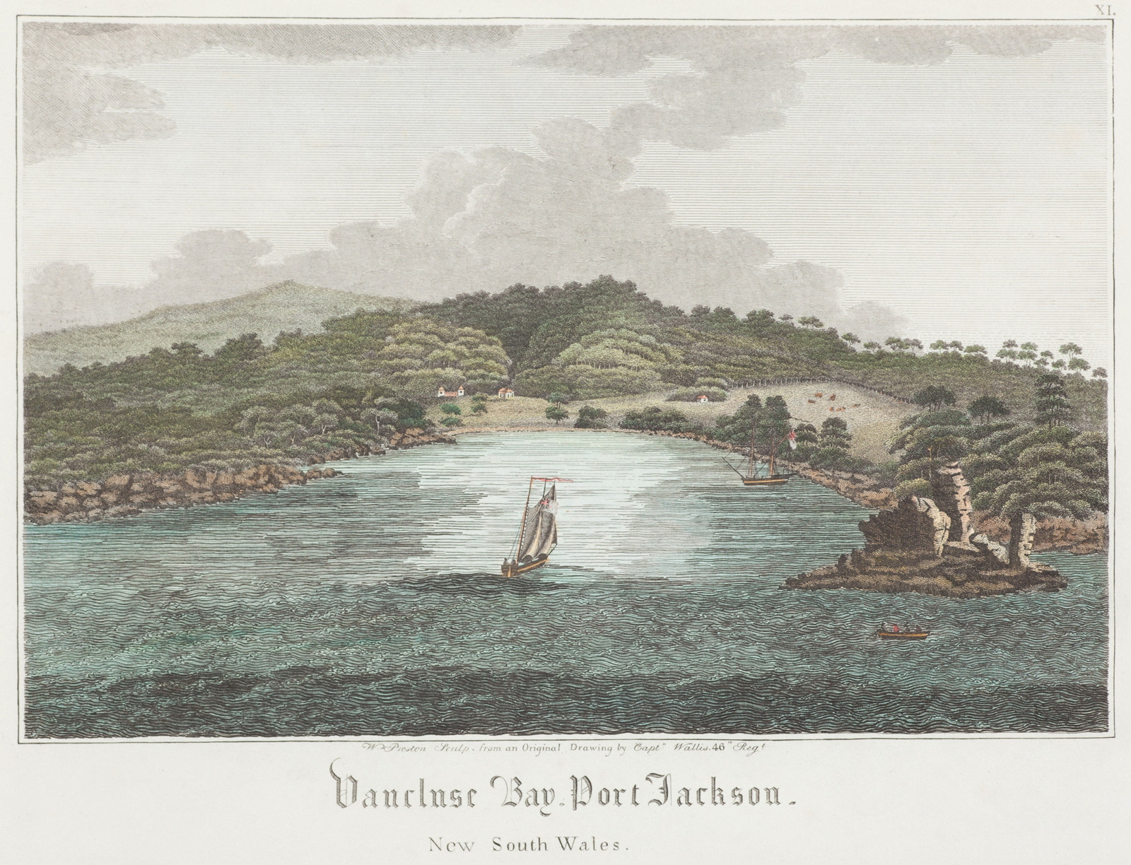 Detail view of handcoloured engraving with boat in centre of bay.