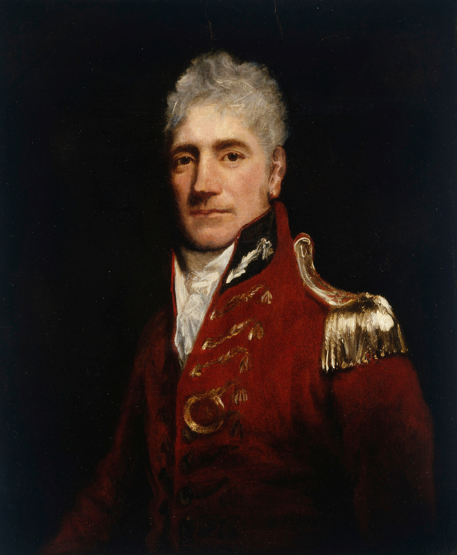 painting of grey haired man wearing military uniform with high collar and gold epillets.