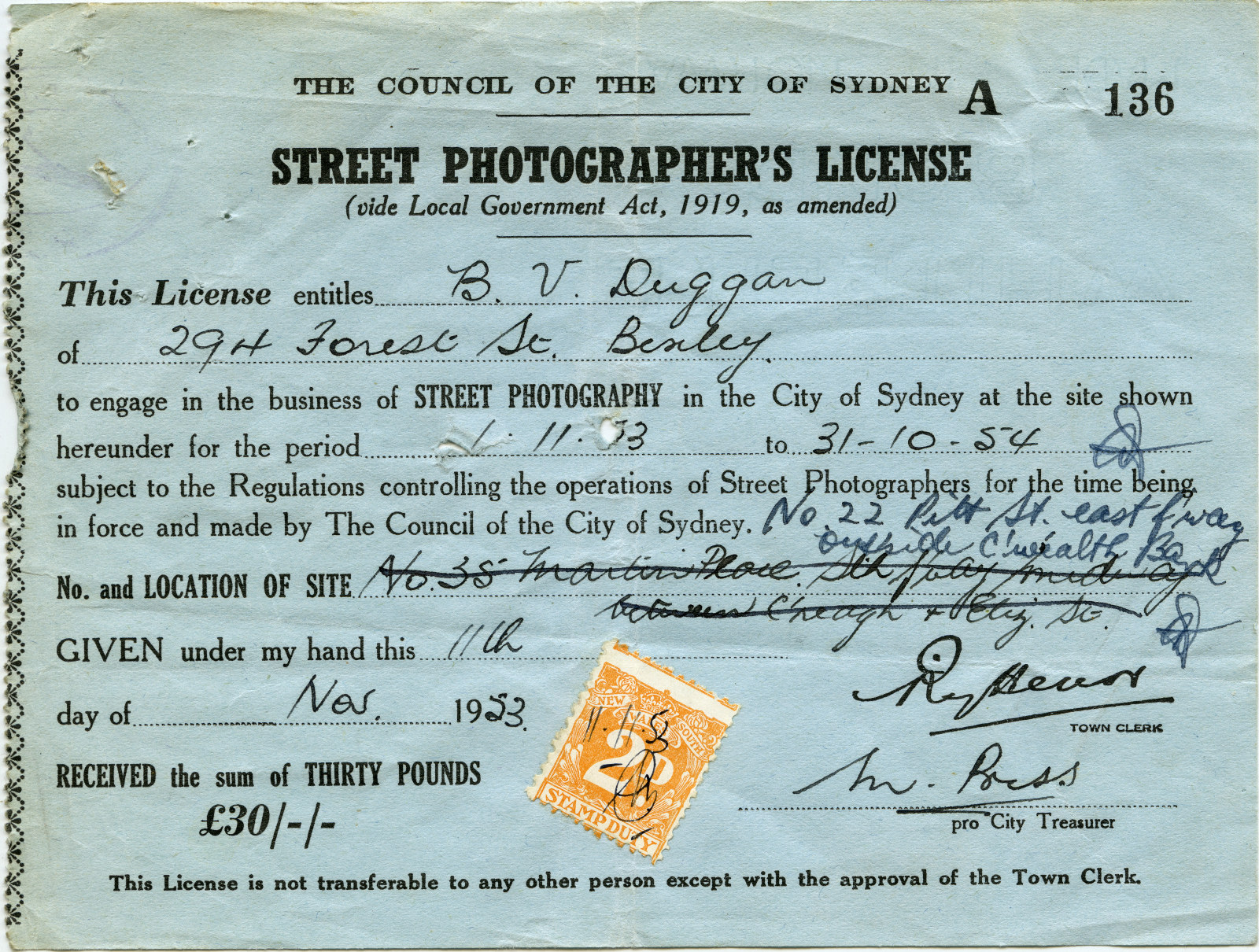 Street photographer's license issued to B.V. Duggan in 1953